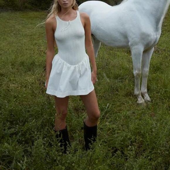 For Love & Lemons Billie Pointelle Mini Dress in Cream Drop Waist Poplin Knit - Picture 7 of 15